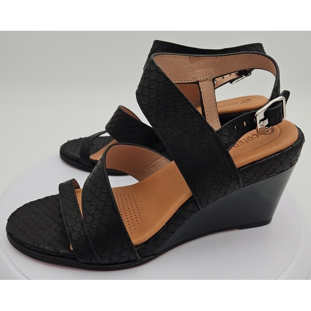 CC Corso Como NASHILA Black Leather W/7.5 Snake Accent Wedge Strappy Sandal NWOB - Picture 4 of 15